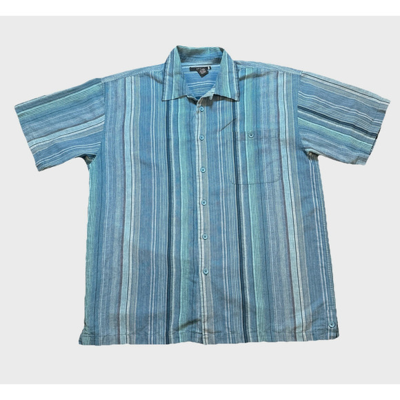 Visitor 100% Linen Men's‎ Casual Shirt L Textured Striped Coastal Beachy Grandpa - Picture 1 of 7